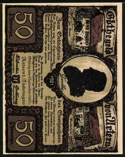 Notgeld Artern 1921, 50 Pfennig, zum Gedenken an Goethe mit Illustration eines Paares und verzierter Rand