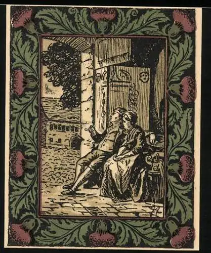 Notgeld Artern 1921, 50 Pfennig, Illustration von zwei sitzenden Personen und Gedenktext an Goethe