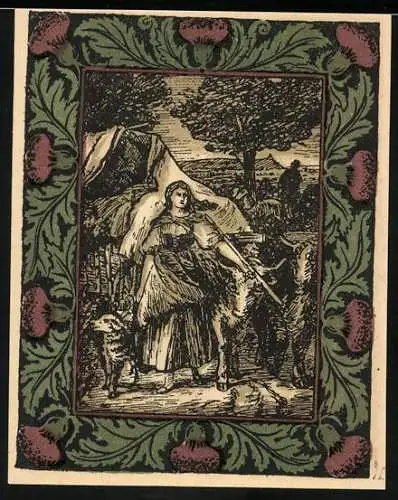 Notgeld Artern 1921, 50 Pfennig, Frau mit Tieren und Gedenktafel mit Text