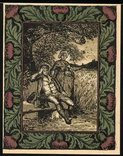 Notgeld Artern 1921, 50 Pfennig, Gedenkschein für Goethe mit ländlicher Szene und Silhouette