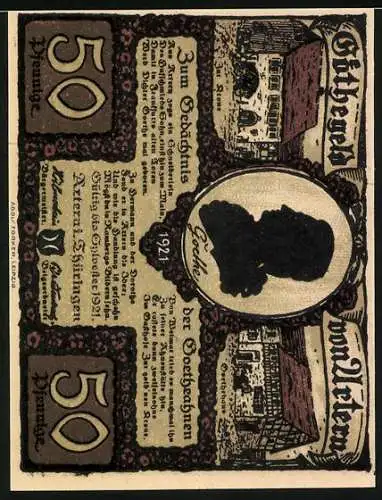 Notgeld Artern 1921, 50 Pfennig, Gedenkschein für Goethe mit ländlicher Szene und Silhouette