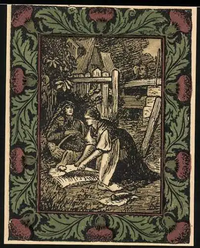 Notgeld Artern 1921, 50 Pfennig, Szene mit zwei Frauen beim Wäschewaschen und Goethe-Silhouette