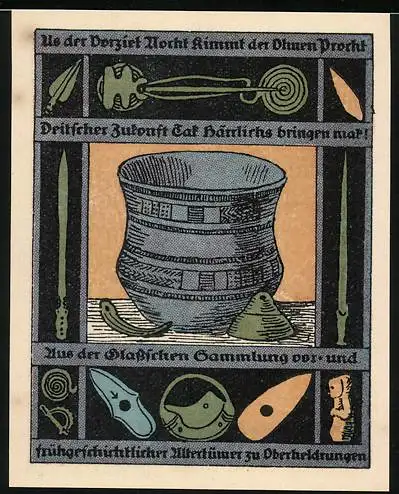 Notgeld Oberheldrungen 1921, 50 Pfennig, Jubiläums-Gutschein mit historischen Artefakten und Wappen