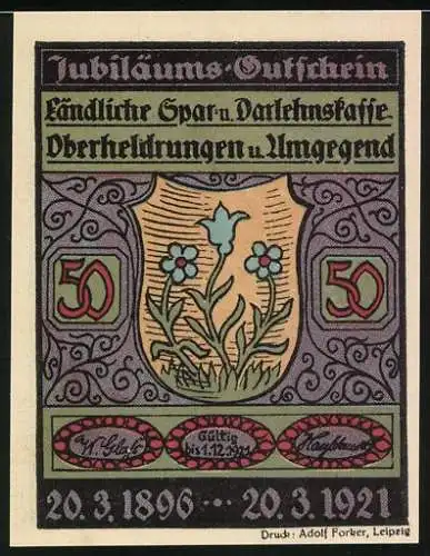 Notgeld Oberheldrungen 1921, 50 Pfennig, Kreuzstein mit der Wandrerandachtsrune