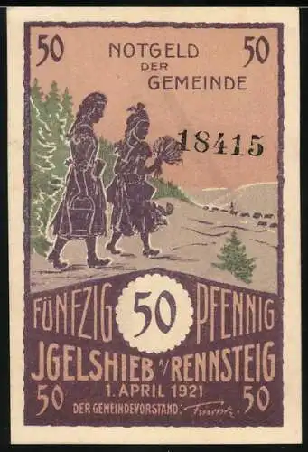 Notgeld Igelshieb am Rennsteig, 1921, 50 Pfennig, zwei Frauen auf Wanderung, gelber Rahmen mit Landschaft und Kutsche