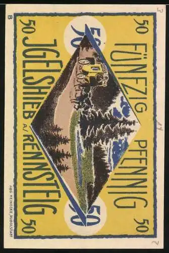 Notgeld Igelshieb am Rennsteig, 1921, 50 Pfennig, zwei Frauen auf Wanderung, gelber Rahmen mit Landschaft und Kutsche