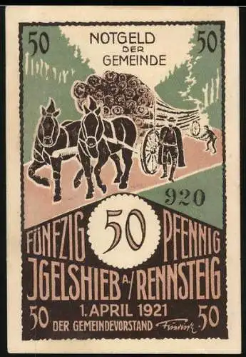 Notgeld Igelshieb / Rennsteig 1921, 50 Pfennig, Fuhrwerk mit Holzladung, Holzarbeiter an Hobelbank