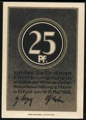 Notgeld Erfurt, 1922, 25 Pfennig, Mitteldeutsche Notgeldausstellung und Messe, Reiterstandbild Kaiser Wilhelm