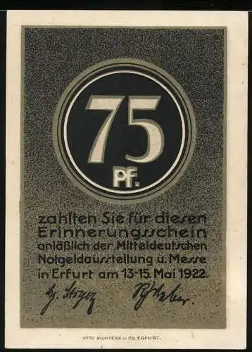 Notgeld Erfurt 1922, 75 Pfennig, Mitteleuropäische Notgeldausstellung und Messe im Mai