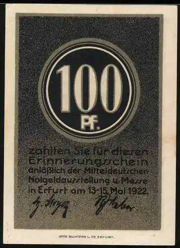 Notgeld Erfurt 1922, 100 Pfennig, Erinnerungsschein zur Mitteldeutschen Notgeldausstellung & Messe, Monumentalbrunnen