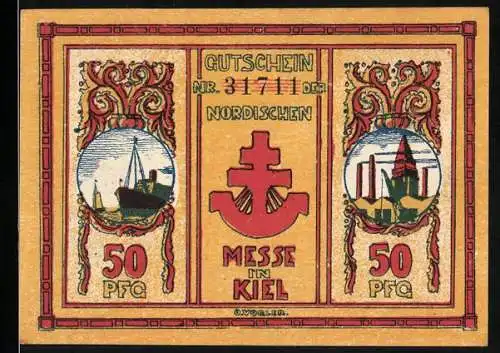 Notgeld Kiel 1921, 50 Pfennig, Nordische Messe, Gutschein Nr. 31711, farbenfrohes Design mit Schiff und Gebäuden