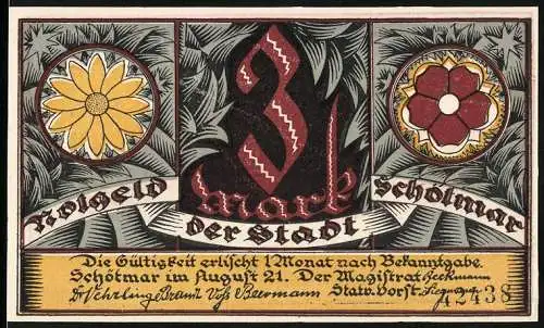 Notgeld Schötmar, 1921, 3 Mark, Mittelalter-Ratssitzung und florale Motive