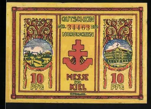 Notgeld Kiel, 1921, 10 Pfennig, Gutschein der Nordischen Messe mit Stadtansicht und Gebäudemotiven