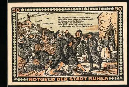 Notgeld Ruhla 1921, 50 Pfennig, Stadtansicht und mittelalterliche Szenen