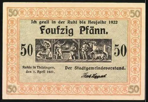 Notgeld Ruhla 1921, 50 Pfennig, Stadtansicht und mittelalterliche Szenen