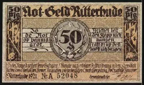 Notgeld Ritterhude, 1921, 50 Pfennig, Schloss und historische Figuren