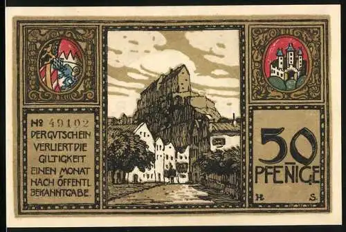 Notgeld Burghausen, 1918, 50 Pfennig, Kriegszinsgutschein mit Burgenansicht