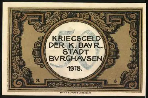 Notgeld Burghausen, 1918, 50 Pfennig, Kriegszinsgutschein mit Burgenansicht