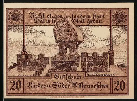 Notgeld Nordert u. Süder Dithmarschen, 1921, 20 Pfennig, mit Abbildung der Nordermühle und Einlösungshinweis