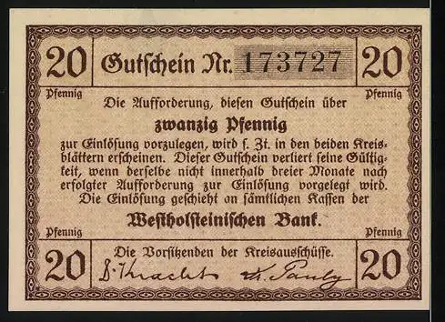 Notgeld Nordert u. Süder Dithmarschen, 1921, 20 Pfennig, mit Abbildung der Nordermühle und Einlösungshinweis