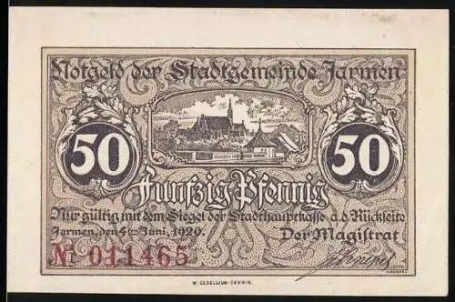 Notgeld Jarmen, 1920, 50 Pfennig, Stadtansicht und Siegel des Magistrats