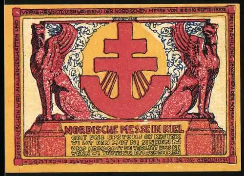 Notgeld Kiel, 1921, 10 Pfennig, Nordische Messe in Kiel mit Greifen und Symbolen