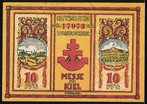 Notgeld Kiel, 1921, 10 Pfennig, Nordische Messe in Kiel mit Greifen und Symbolen