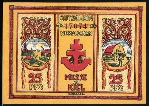 Notgeld Kiel, 1921, 25 Pfennig, Nordische Messe mit Stadtansichten und Spruch