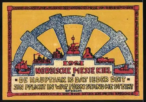 Notgeld Kiel, 1921, 25 Pfennig, Nordische Messe mit Stadtansichten und Spruch