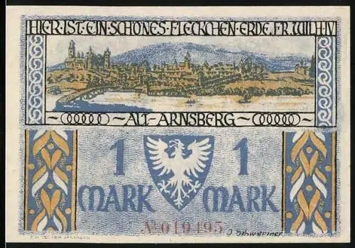 Notgeld Arnsberg, 1921, 1 Mark, Landschaft und Standbild der Burgjungfer Gertrud