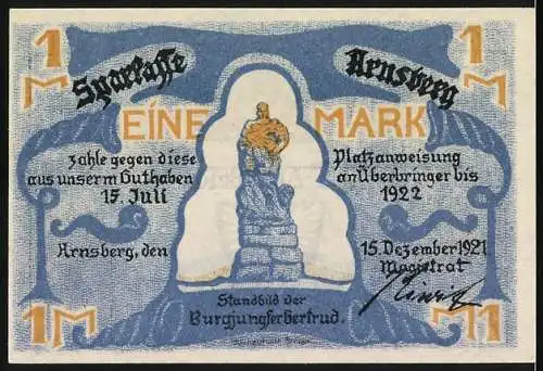 Notgeld Arnsberg, 1921, 1 Mark, Landschaft und Standbild der Burgjungfer Gertrud