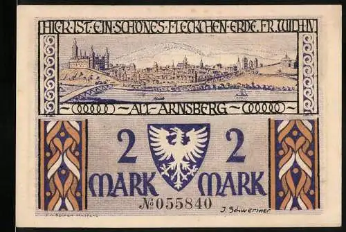 Notgeld Arnsberg, 1921, 2 Mark, Stadtansicht und historische Szene