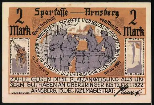 Notgeld Arnsberg, 1921, 2 Mark, Stadtansicht und historische Szene