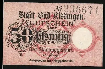 Notgeld Bad Kissingen 1917, 50 Pfennig, Stadtgutschein mit Gebäudeabbildung