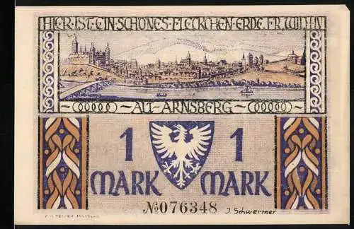 Notgeld Arnsberg, 1921, 1 Mark, Stadtansicht und Grüner Turm an der Stadtmauer