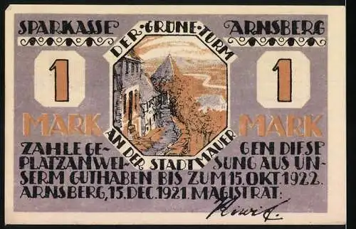 Notgeld Arnsberg, 1921, 1 Mark, Stadtansicht und Grüner Turm an der Stadtmauer