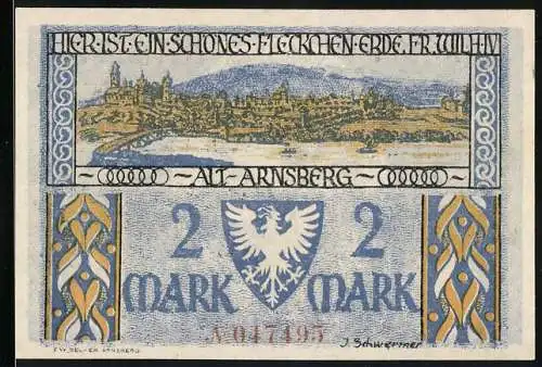 Notgeld Arnsberg, 1921, 2 Mark, Stadtansicht und Glockenturmillustration