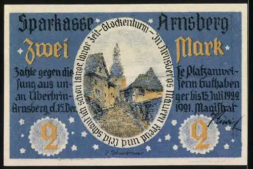 Notgeld Arnsberg, 1921, 2 Mark, Stadtansicht und Glockenturmillustration