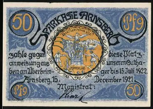 Notgeld Arnsberg, 1921, 50 Pfennig, Sparkasse Arnsberg und Stadtansicht mit Adlerwappen