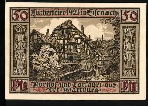 Notgeld Eisenach 1921, 50 Pfennig, Lutherfeier und Ankunft Martin Luthers auf der Wartburg