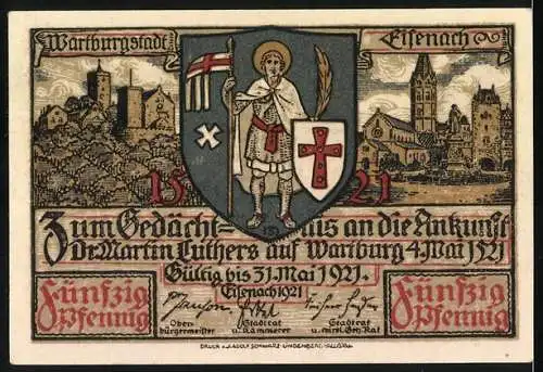 Notgeld Eisenach 1921, 50 Pfennig, Lutherfeier und Ankunft Martin Luthers auf der Wartburg