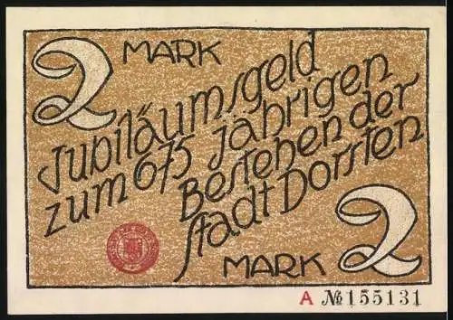 Notgeld Dorsten, 2 Mark, Jubiläumsgeld zum 675-jährigen Bestehen der Stadt, bunte Illustration mit Bienenstock