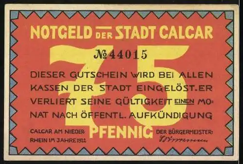 Notgeld Calcar 1921, 75 Pfennig, Calcar`s Bildschnitzer des 15.u.16.Jahrh., Meister Loedewich