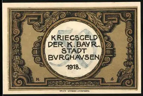 Notgeld Burghausen, 1918, 50 Pfennig, dekoratives Design mit Gebäuden und Wappen, Druck Schwarz Lindenberg