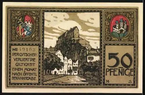 Notgeld Burghausen, 1918, 50 Pfennig, dekoratives Design mit Gebäuden und Wappen, Druck Schwarz Lindenberg