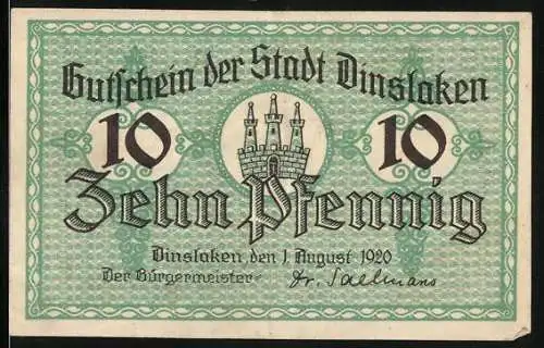 Notgeld Dinslaken 1920, 10 Pfennig, grün mit Burg und Arbeitermotiven