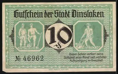 Notgeld Dinslaken 1920, 10 Pfennig, grün mit Burg und Arbeitermotiven