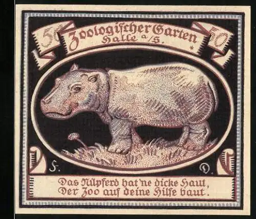 Notgeld Halle 1921, 50 Pfennig, Zoologischer Garten mit Nilpferd und Hase