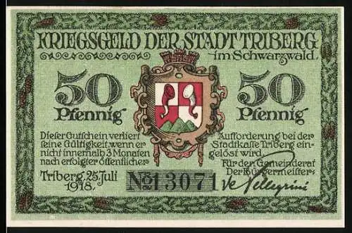 Notgeld Triberg 1918, 50 Pfennig, Stadtwappen mit rotem Adler und Schwarzwälder Tracht