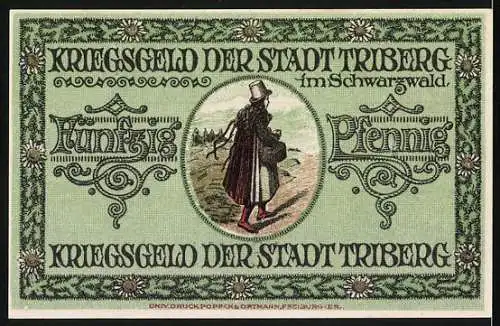 Notgeld Triberg 1918, 50 Pfennig, Stadtwappen mit rotem Adler und Schwarzwälder Tracht